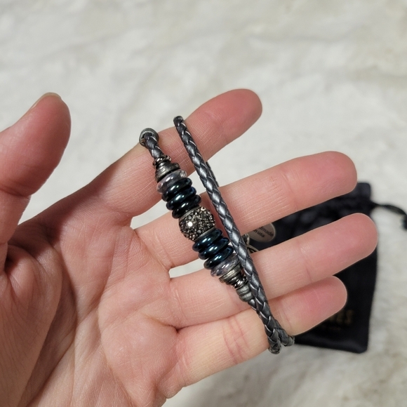 Lizzy James Leather Braided Wrap Bracelet Silver Beaded Handmade USA - Picture 4 of 6